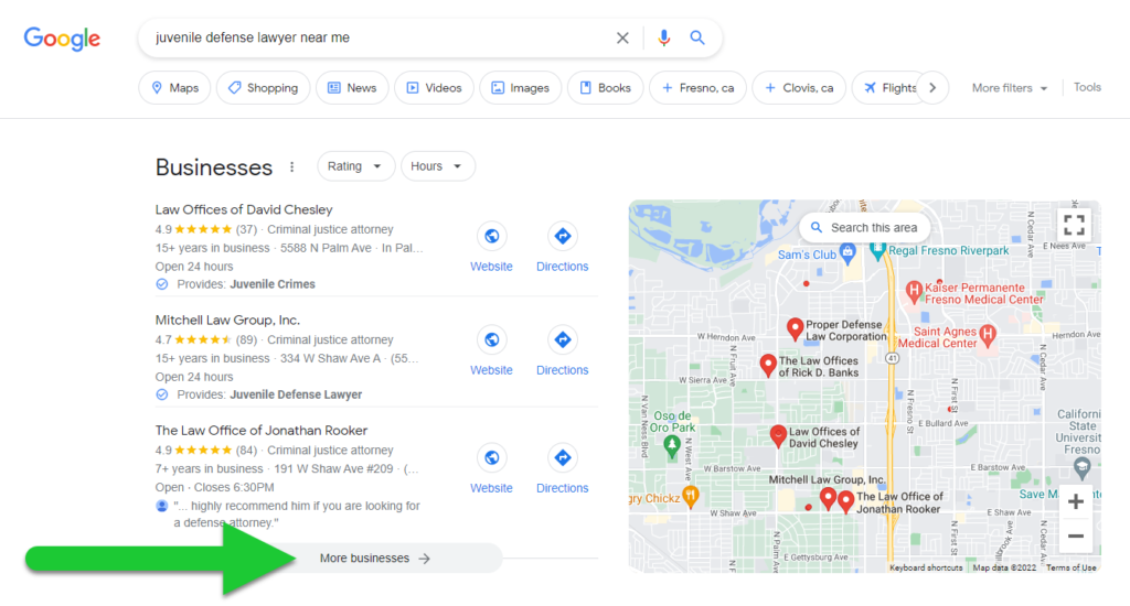 how do I find a juvenile defense laywer - google businesses example screenshot